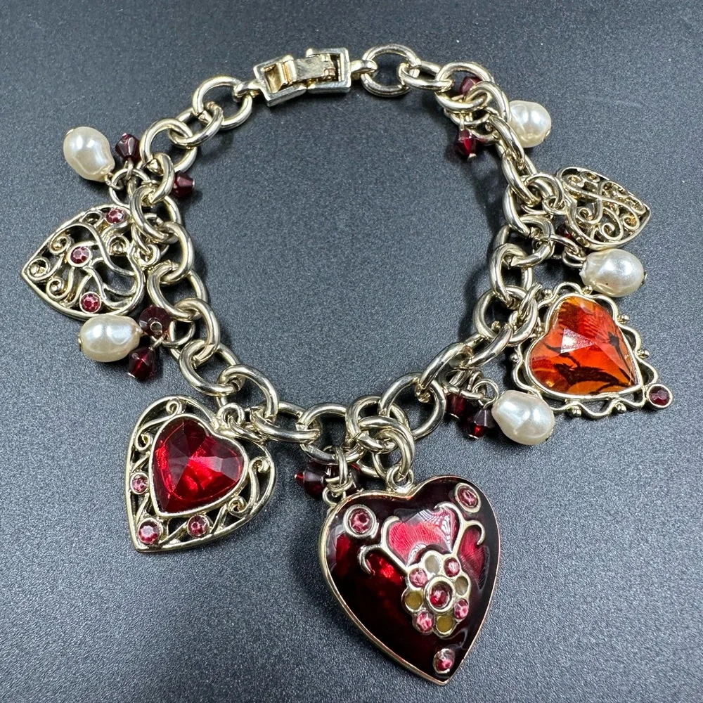 Hearts Charm Bracelet Enamel Pearls and Crystals.